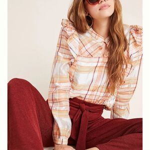 Anthropologie Current Air Ruffle Plaid Long Sleeve Blouse